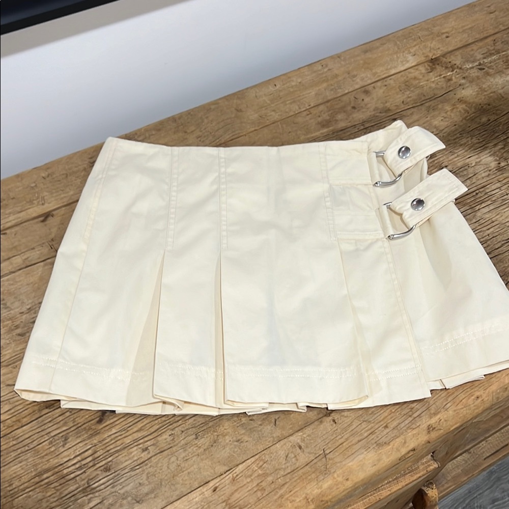 Helmut Lang Cream Pleated Mini Skirt with Buckle Details